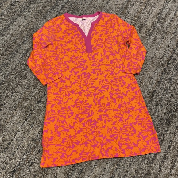 Lands' End Pink orange leaf tropical print 3/4 sleeve notch neck dress sz medium - Picture 11 of 12